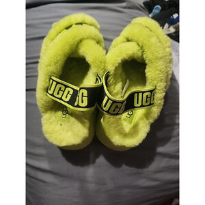 Ugg 5‎ Disco Cross Slide Tiger Print Neon Green Platform Sandal Slipper Plush